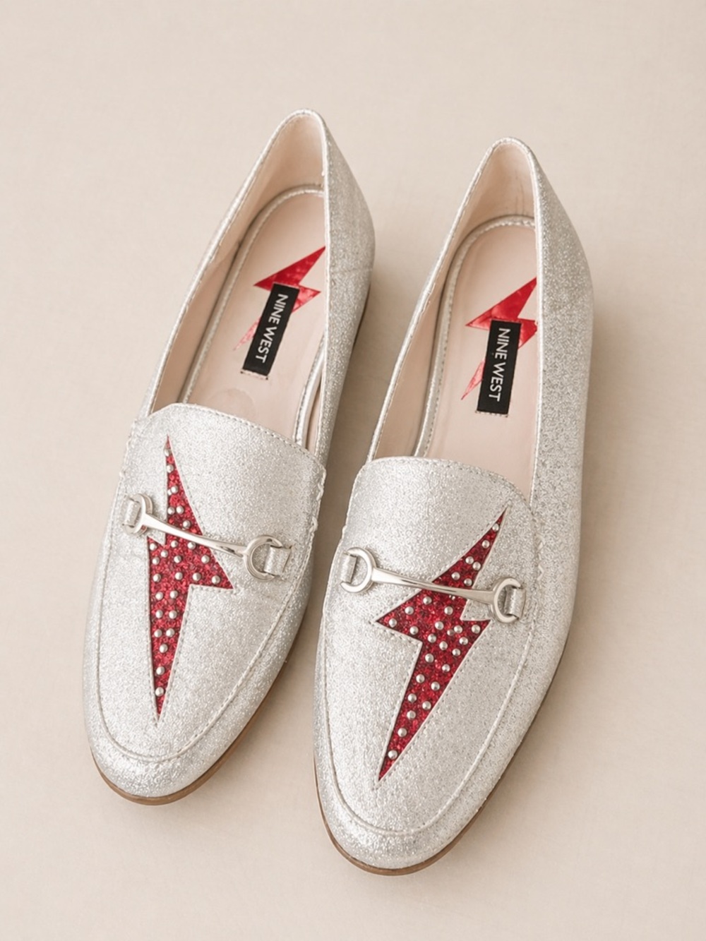 Nine West Silver Glitter Loafers with Red Lightning Detail